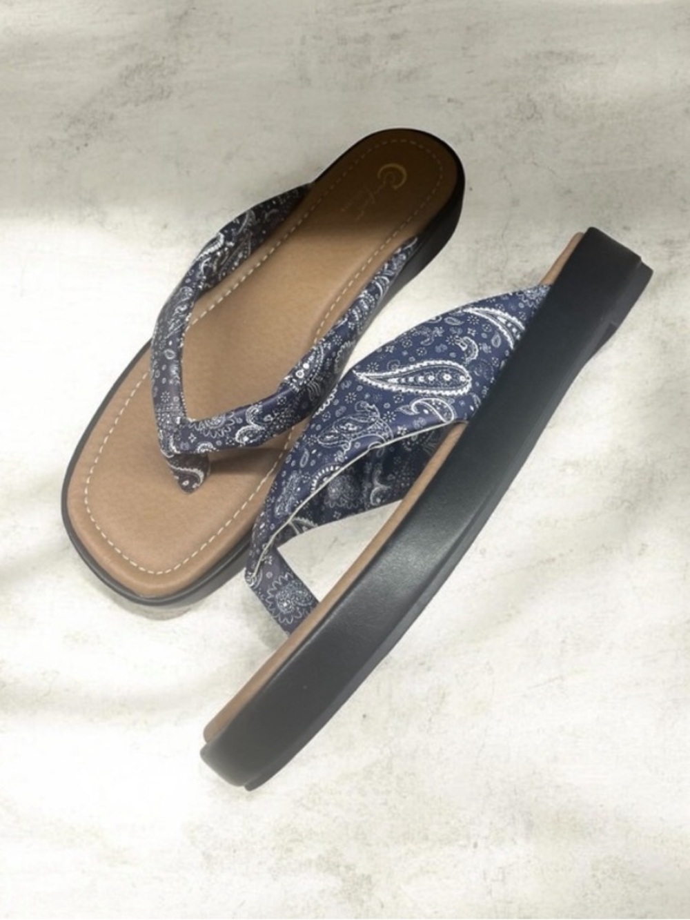 Bandana-Print Navy Wedge Flip-Flop Sandals